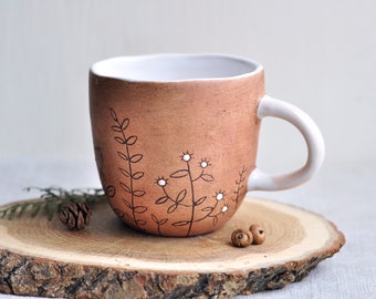 Brown mug with herbs, Ceramic mug, Handmade coffee mug, Pottery mug, Tea cup, Stoneware mug, Ceramic cup, Coffee cup, Coffee Lovers Gift