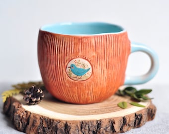 Tasse à café en céramique marron rouge, tasse peinte à la main, tasse en poterie, tasse à thé, tasse en grès, cadeau pour les amateurs de café, tasse oiseau en céramique, cadeau pour fille