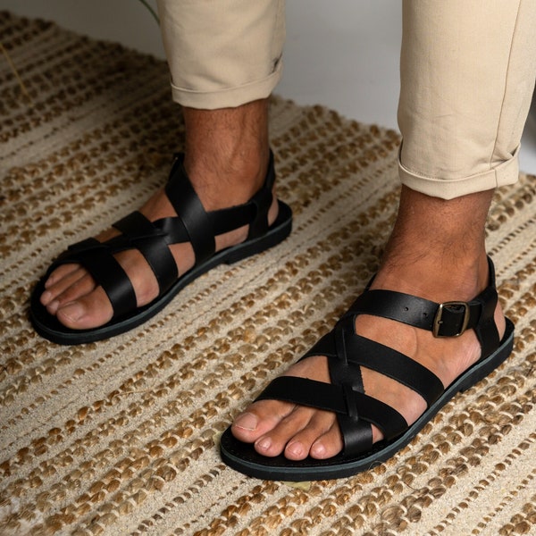 Sandales à lanières en cuir noir pour hommes, sandales plates en cuir élégantes, sandalias hombre, sandales herren, sandales homme