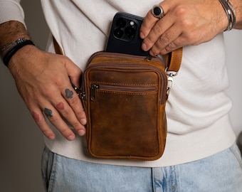 Small  leather crossbody bag men, Small messenger bag men, Leather shoulder bag, Men leather accessories