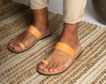 Handmade Greek Leather Toe Ring Sandals - Natural