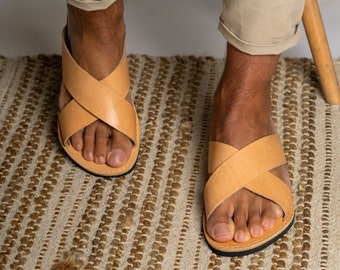 Handmade Leather Greek Sandals: Minimalist Slides for Men