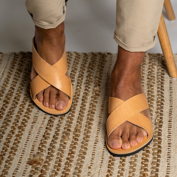 Natural leather sandals men, Leather Greek sandals, Minimalist Barefoot leather slides, Sandales cuir homme, Sandalen herren