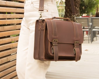 Full grain leather satchel for women, Messenger bag for women, Leather briefcase laptop bag