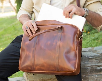 Leather laptop bag men, Large leather briefcase, Full grain leather laptop case, 17 inch laptop bag