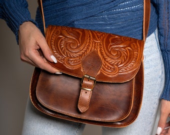 Handmade Tooled Leather Crossbody Bag: Brown Saddle Purse