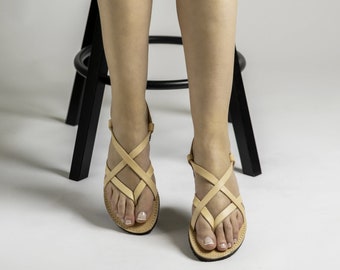 Strappy leather sandals, Barefoot style minimalist sandals, Womens flat leather slingbacks