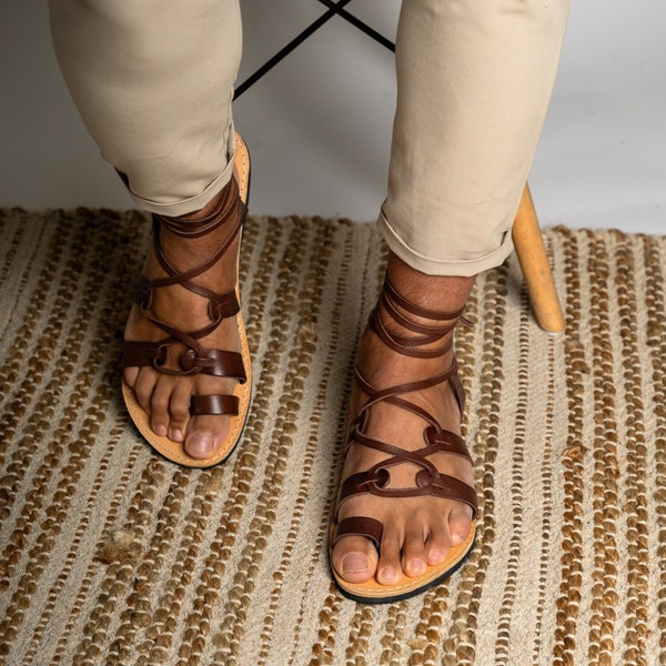Sandales spartiates marron en cuir pour hommes, chaussures d'été à lacets, Sandalias hombre, Griechische sandalen herren