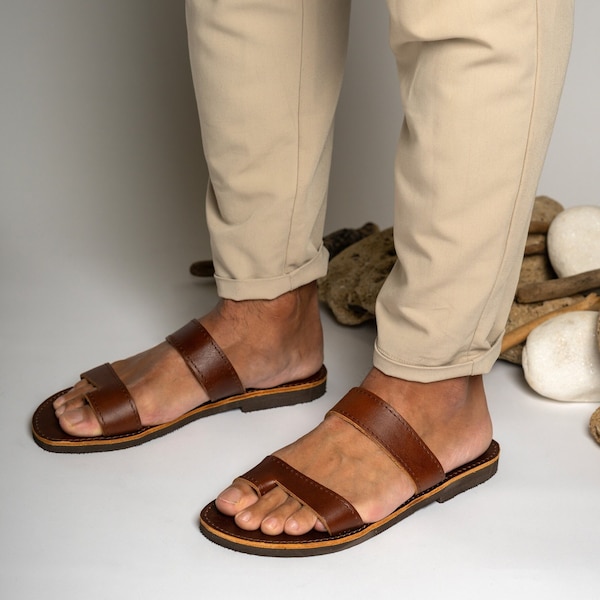 Toe ring leather sandals men, Brown Grecian leather sandals, Barefoot leather sandals, Sandals cuir homme, Sandalen damen