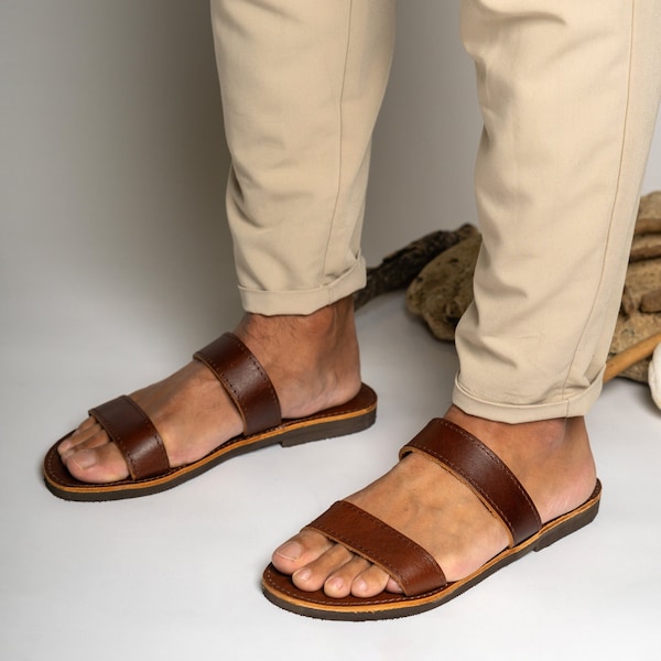 Two strap leather slides men, Leather sandals for men, Flat leather sandals, Greek sandals, Sandales cuir homme, Leder sandalen