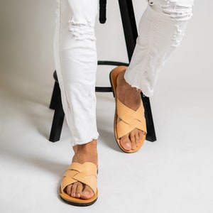 Greek leather sandals mens, Summer leather sandals, Leather slides flat sandals, Sandales grecques