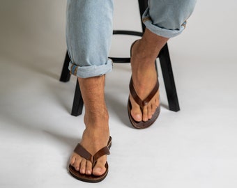 Μens leather flip flops, Leather Greek sandals, Μen strap minimalist sandals, Sandalen leder braun kerren, Tongs homme