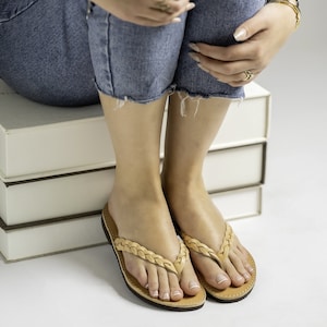 Natural leather flip flop sandals, Minimalist leather flats,  Womens leather braided thong sandals