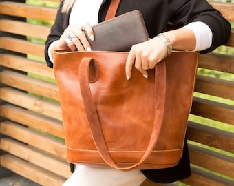 Leather tote bag for women with zipper, Leather Laptop Tote Bag, Leather shopper bag