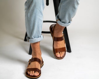 Μens leather sandals, Greek leather sandals, Brown strappy sandals, Flat mens leather sandals