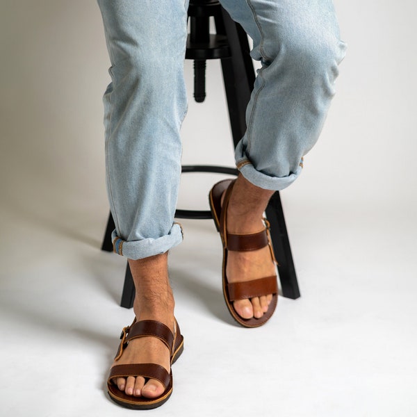 Sandalias de cuero marrón de dos correas hombres, sandalias de cuero griego, Sandales cuir homme, Sandalen herren