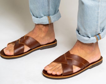 Handmade Brown Leather Mens Sandals: Grecian Summer Slippers