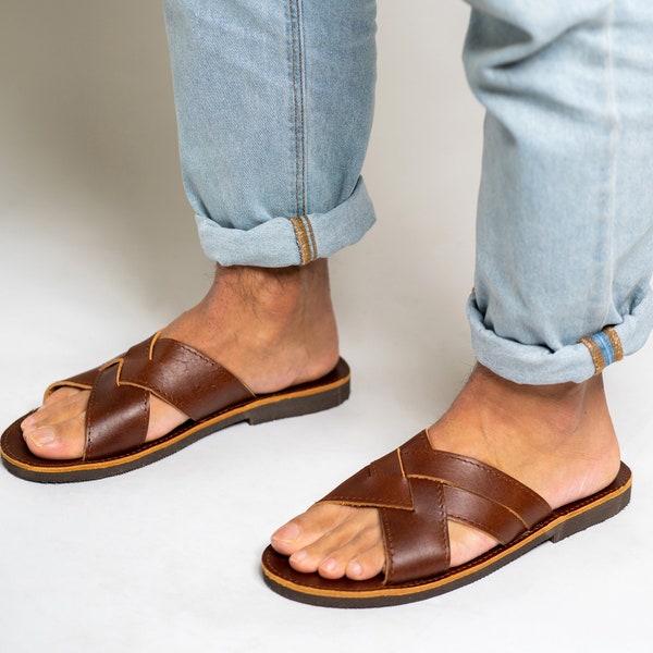 Mens leather sandals, Brown leather slippers, Grecian comfort sandals, Minimal leather summer sandals