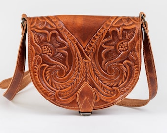 Vintage tooled leather purse, Brown tooled leather purse for women, Crossbody leather bag, Hand tooled leather purse