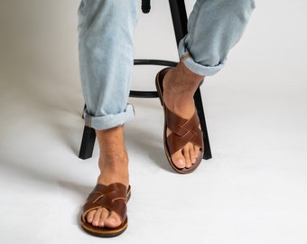 Mens leather slides, Minimalist leather sandals, Criss cross leather slippers,  Greek leather sandals