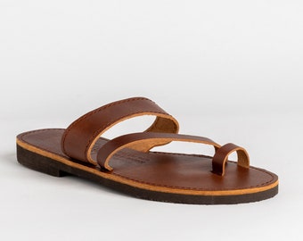 Handgemachte braune Leder Zehenring Sandalen : Griechische Herren Sommerschuhe