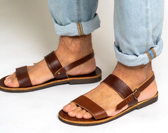 Leather sandals men, Brown slingback sandals, Greek handmade sandals, Vegetable tanned calf leather