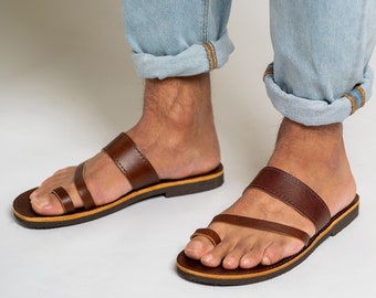 Handmade Brown Leather Toe Ring Sandals: Greek Mens Summer Shoes
