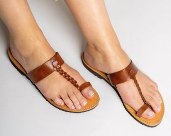 Braided Brown Leather Toe Ring Sandals: Handmade Greek Flats