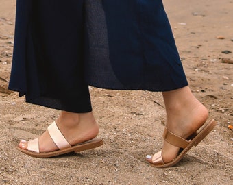 Leather women sandals, Slide leather sandals, Greek leather sandals, Two strap leather sandals
