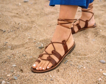 Sandales spartiates marron pour femmes, sandales à lacets grecques pour femmes, sandales à anneau d'orteil en cuir vintage