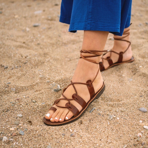Brown gladiator sandals women, Women's greek lace up sandals, Vintage leather toe ring sandals