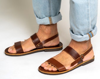 Leather sandals men, Brown slingback sandals, Greek handmade sandals, Vegetable tanned calf leather