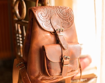 Handmade Full Grain Leather Backpack: Western Tooled Rucksack Purse