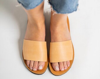 Leather sliders women, Natural leather Greek sandals, Leather sandals slides, Sandales grecques femme