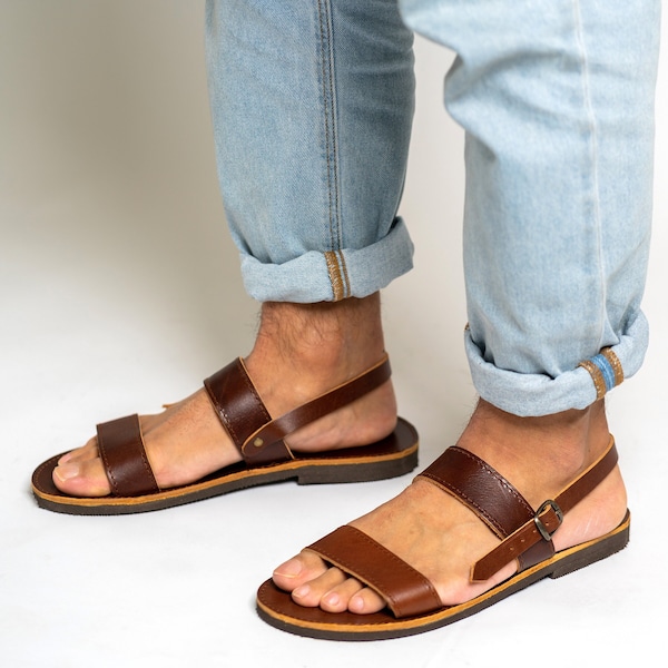 Leather sandals men, Brown slingback sandals, Greek handmade sandals, Vegetable tanned calf leather