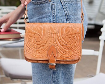 Small messenger bag for women, Tooled leather crossbody purse, Women's small leather satchel