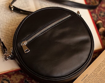 Small Black Leather Round Crossbody Bag: Handmade in Crete