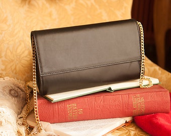 Black leather crossbody bags for women, Gold chain black purse, Crossbody clutch bag chain