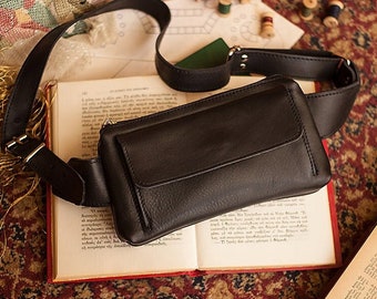 Handgefertigte Gürteltasche aus schwarzem Leder: Damen Crossbody Fanny Pack