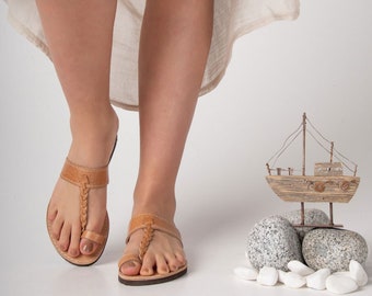 Toe ring slide women sandals, genuine Greek tan leather sandals, open toe thong barefoot handcrafted sandals, braid strap decoration