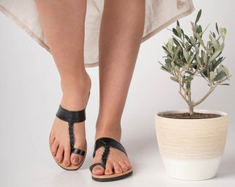 Black Leather Toe Ring Sandals: Handmade Greek Flats