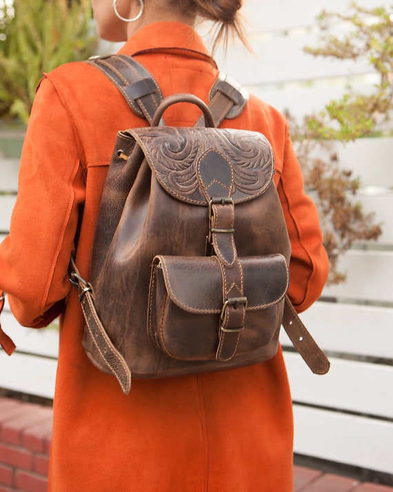 Western Leather Backpack for Women Tooled Leather Rucksack
