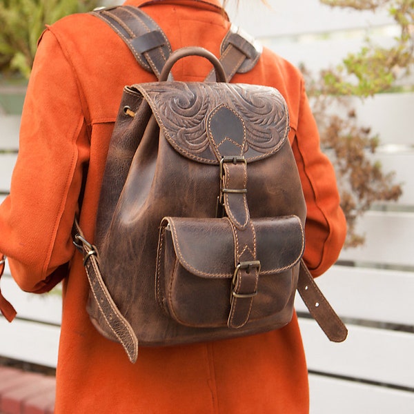 Women's Tooled Full Grain Boho Leather Backpack, Leather Accessories, Women's Backpack