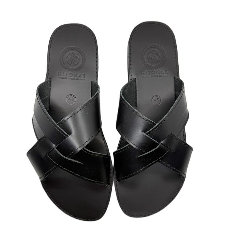 Handmade Brown Leather Sandals for Men – Greek Cross Slide Sandals, Genuine Leather Summer Shoes, Comfortable Flat Slip On image 11