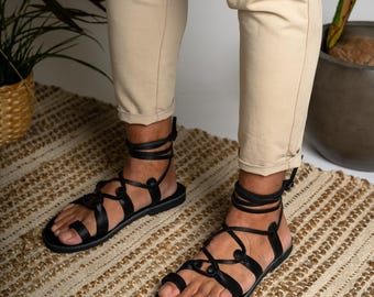 Gladiator leather sandals men, Lace up summer shoes, Flat leather strappy sandals
