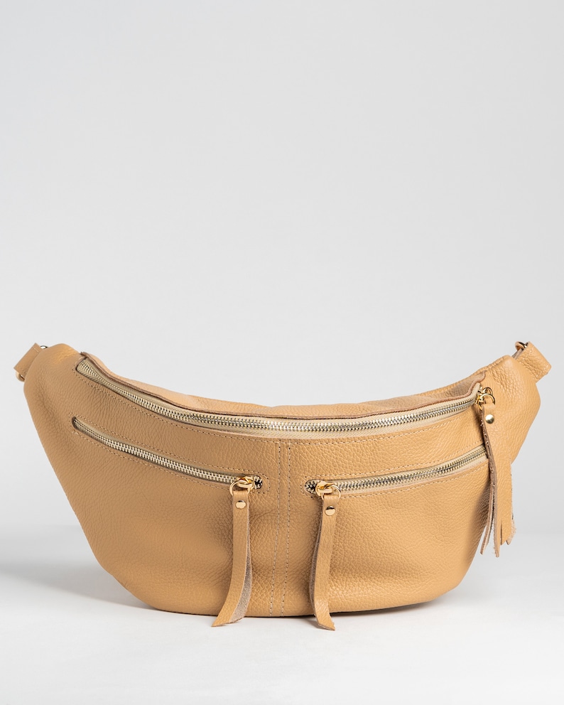 Large Leather Bum Bag women, Oversized Leather Fanny pack, Leder Bauchtasche, Sac Banane Cuir Beige