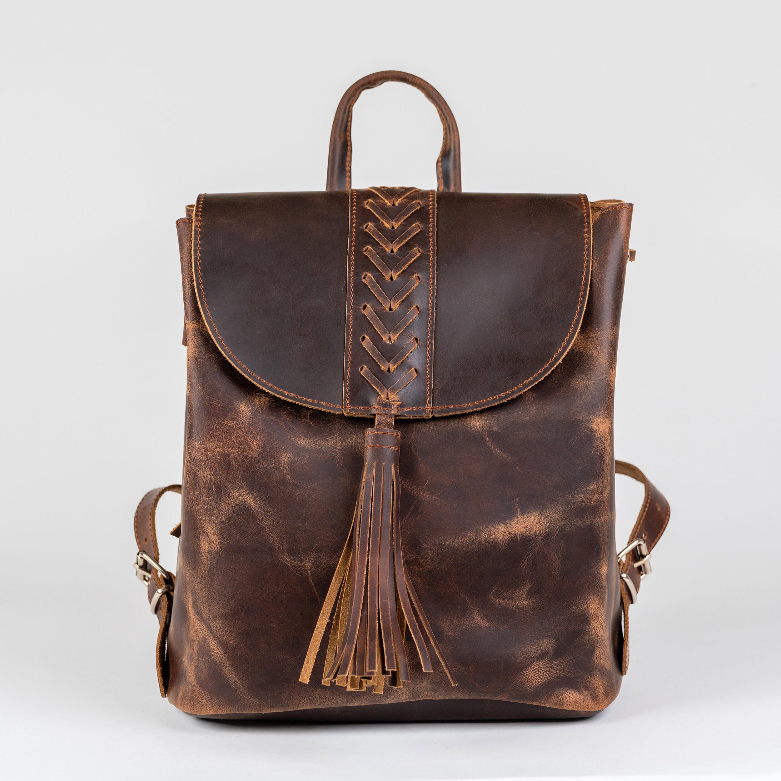 Handmade Full Grain Leather Backpack Purse: Boho Brown  display picture 2
