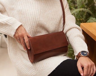 Handmade Leather Crossbody Bag: Minimalist Brown Purse on Gold Chain