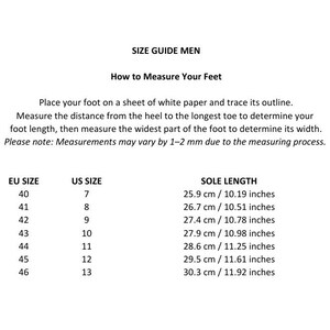 May include: A size guide chart for footwear featuring instructions on how to measure feet by tracing an outline on paper. The table lists EU sizes 40 through 46, corresponding US sizes 7 through 13, and sole lengths from 25.9 cm to 30.3 cm.