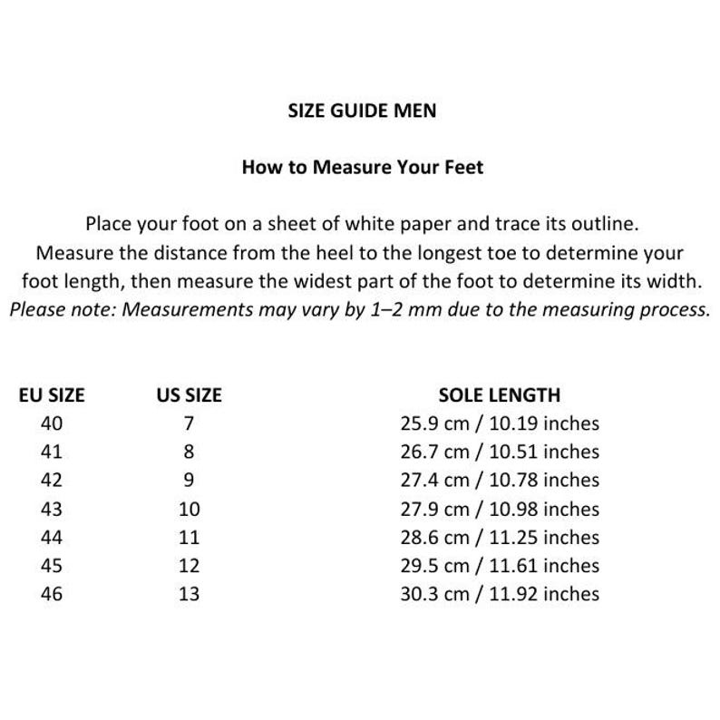 May include: A size guide chart for footwear featuring instructions on how to measure feet by tracing an outline on paper. The table lists EU sizes 40 through 46, corresponding US sizes 7 through 13, and sole lengths from 25.9 cm to 30.3 cm.